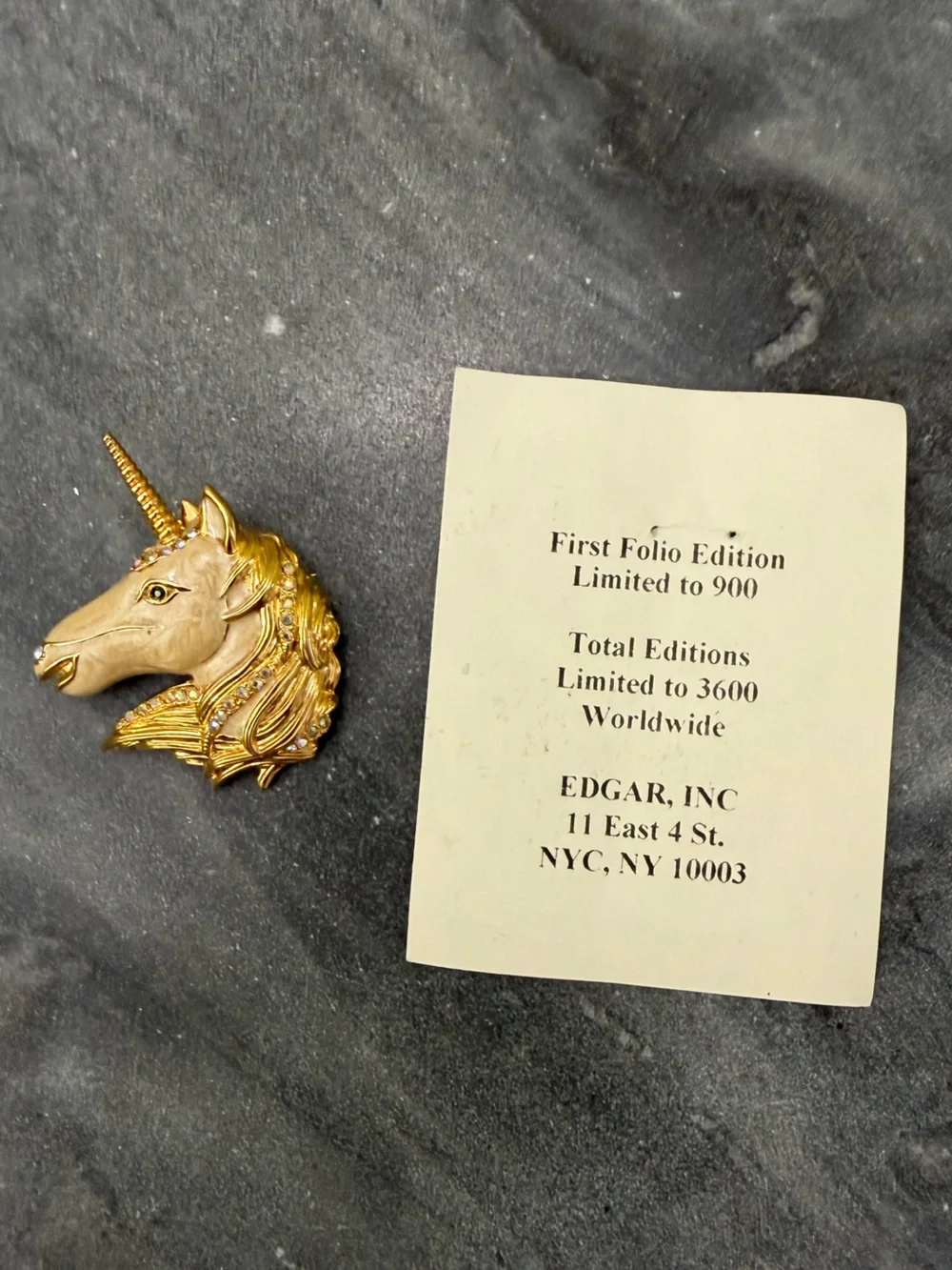 Vintage Edgar Berebi Gold Unicorn Enamel Crystal Brooch COA